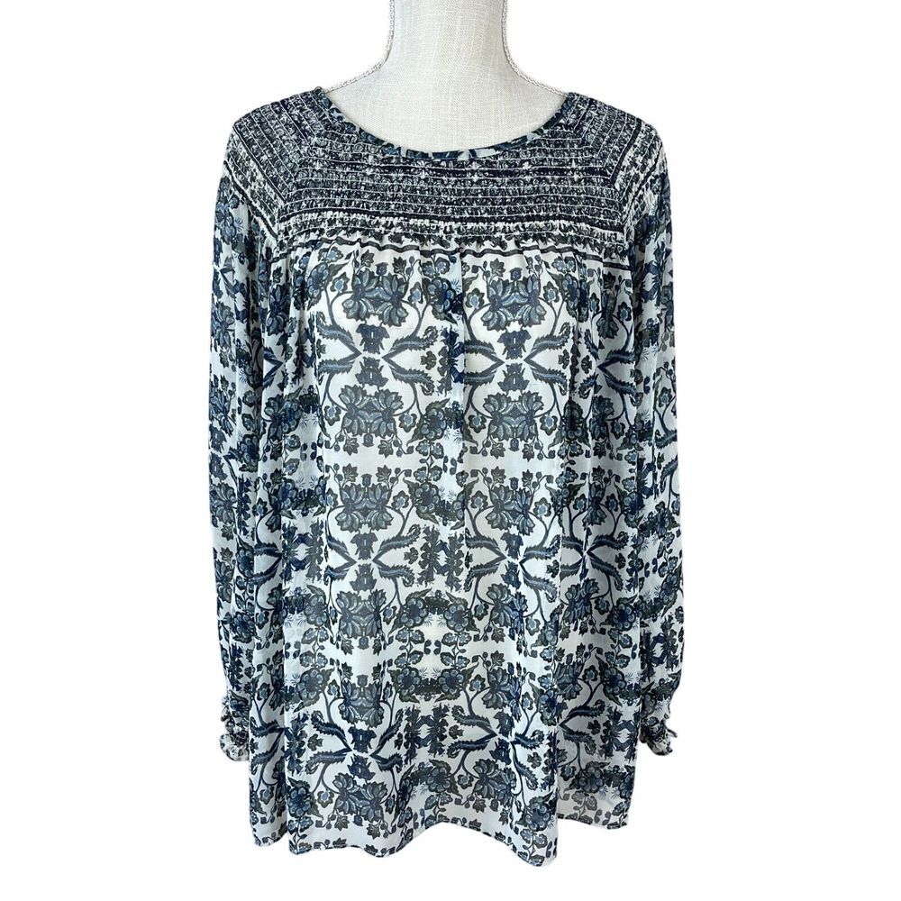 Zac & Rachel Peasant Top Womens L Blue Floral Long‎ Sleeve Boho Festival Peasant